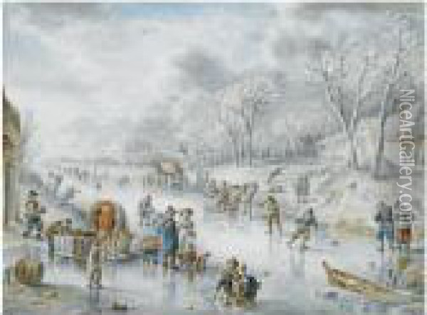 Many Figures On A Frozen Canal, A 'koek En Zopie' In Thedistance Oil Painting - Andries Vermeulen