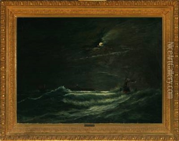 Ships At Sea In The Moonlight Oil Painting - Jens Bisgaard