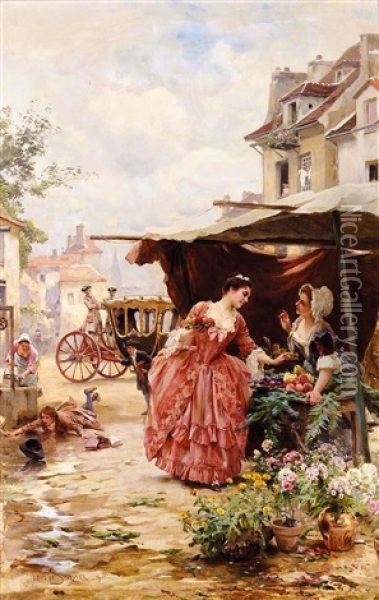 Une Marchande De Fruits Et De Fleurs Oil Painting - Louis Marie de Schryver