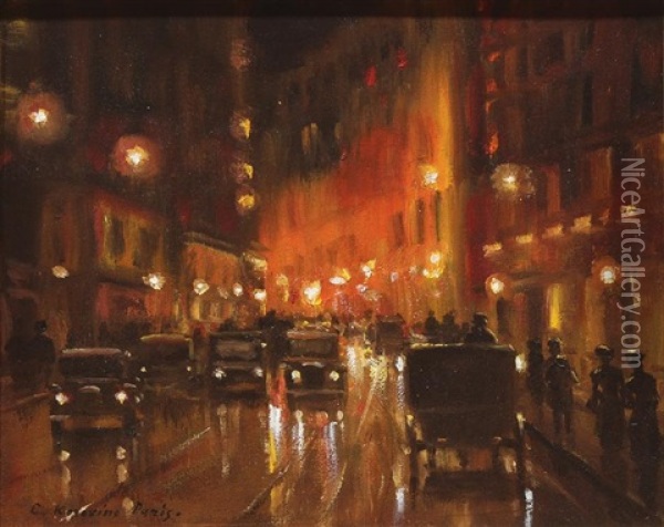 Street Scene At Night With Automobiles Oil Painting - Konstantin Alexeievitch Korovin