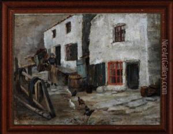 A Staithes Fishergirl Feeding Poultry Oil Painting - Isa Thompson