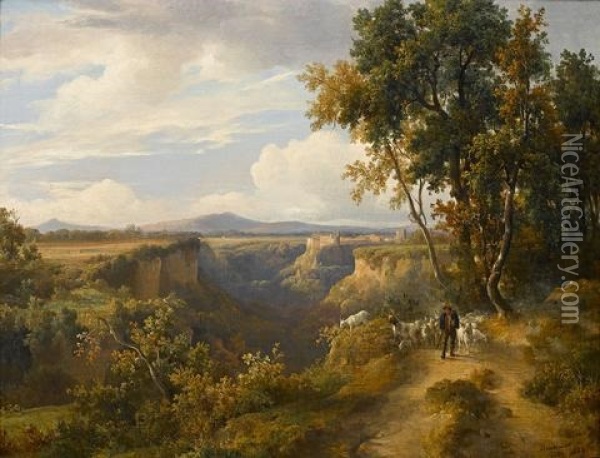A Goatherder And His Flock In An Italianate Landscape, Possibly Faleria Oil Painting - Jacques Raymond Brascassat