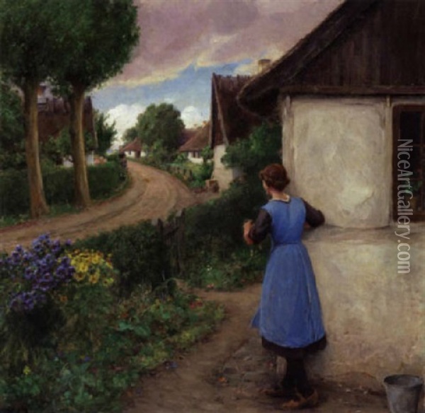 Landsbygade Med Pige, Der Holder Udkig Ved Et Hushjorne Oil Painting - Hans Andersen Brendekilde