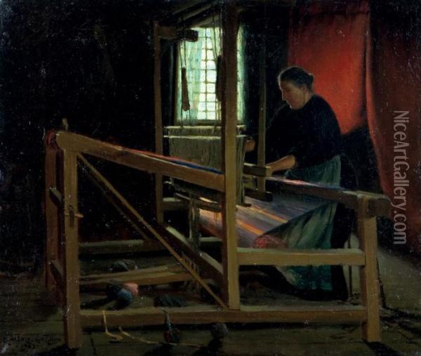 Weaving Rag Carpets Oil Painting - Clarence Alphonse Gagnon