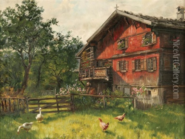 Alpine House With Chickens And Ducks Oil Painting - Emil Rau