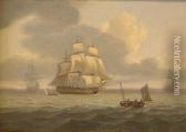 British Ships Of The Line Off The Coast Oil Painting - Thomas Luny