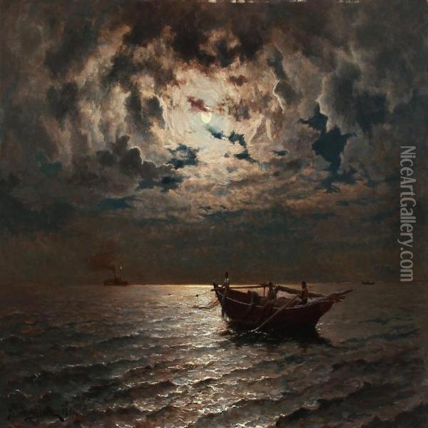 Fishermen On The Sea At Moonlight Oil Painting - Jacob Johan Silven