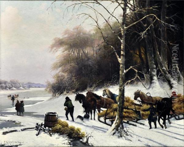 Heufuhren Im Winterwald Oil Painting - Erich Nikutowski