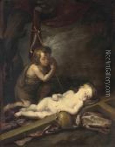 The Christ Child Asleep On The Cross With The Infant Saint John The Baptist Oil Painting - Bartolome Esteban Murillo