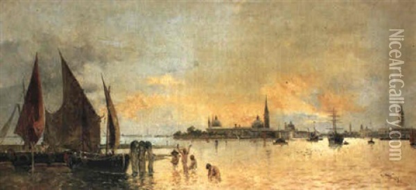 Bathers In The Venetian Lagoon Oil Painting - Antonio Maria de Reyna Manescau
