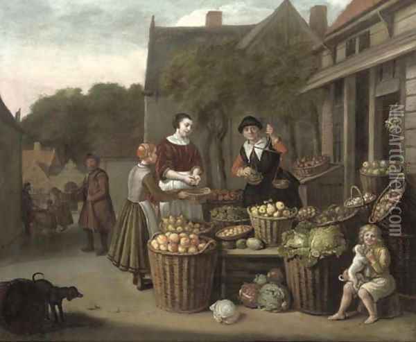 A woman and child purchasing fruit at a market Oil Painting - Jan Victors
