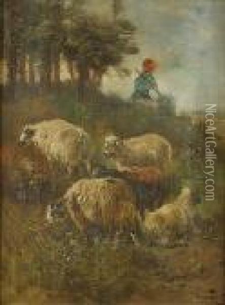 Herderinnetje Met Kudde Schapen Oil Painting - Henry Schouten