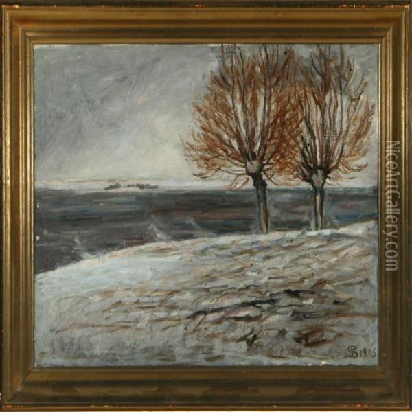 Willow Trees In The Snow On The Banks Of Kerteminde Fiord Oil Painting - Fritz Syberg
