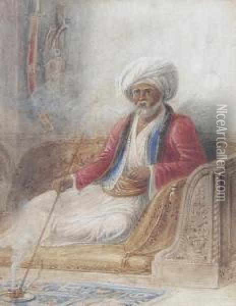 An Arab Gentleman Smoking His Pipe Oil Painting - William Purser