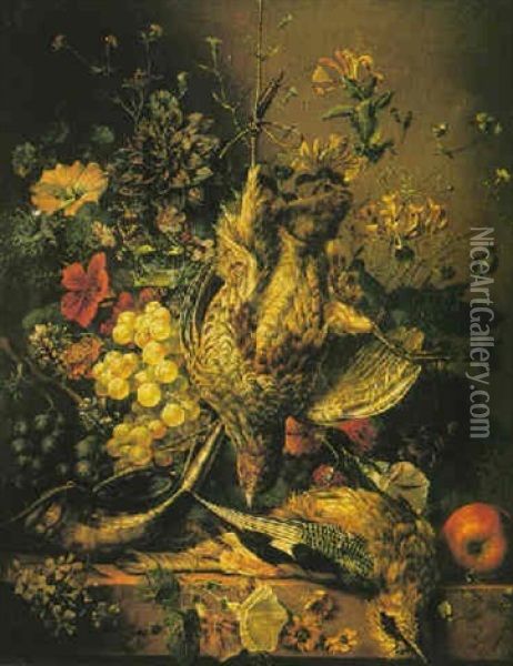 Nature Morte A La Perdrix Grise, Raisins Et Fleurs Sur Un Entablement Oil Painting - Arnoldus Bloemers