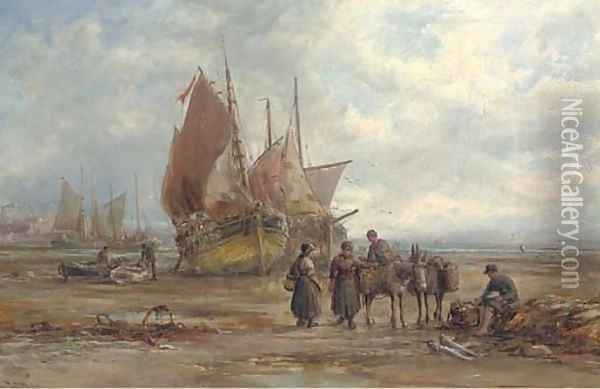 The Castletown fishing fleet beached at low tide, with figures unloading the day's catch Oil Painting - William Edward Webb