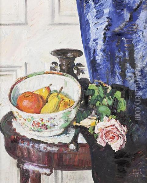 Pink Rose And Fruit Oil Painting - George Leslie Hunter