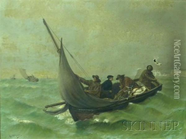 Fishermanin A Dory Off The White Cliffs Oil Painting - George Haquette