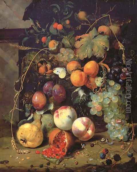 Peaches, plums, apricots, grapes, pears, blackberries, sheafs of corn, chestnuts, walnuts, medlars, cherries and a pomegranate with a snail Oil Painting - Jan Mortel
