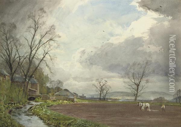 Ploughing At Newstead Bridge, Near Melrose, Roxburghshire Oil Painting - Thomas Scott Callowhill