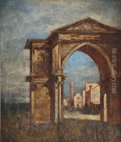 A Venetian Capriccio Scene With A Triumphal Arch Oil Painting - Francesco Guardi