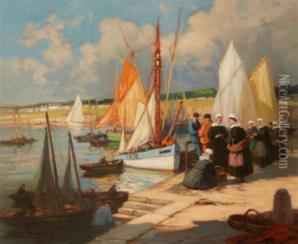 Concarneau, Finistere, Arrivee De La Sardine Oil Painting - Henri Alphonse Barnoin