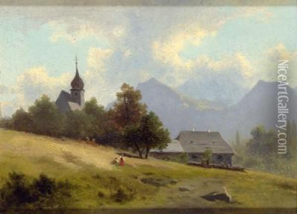 Kleine Gebirgslandschaft Mit Kirche Oil Painting - Leopold Heinrich Voscher