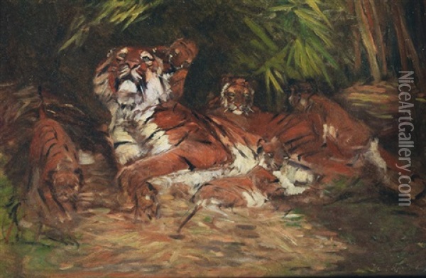 Tigress With Her Offspring Oil Painting - Carl Heinrich Wilhelm Appel