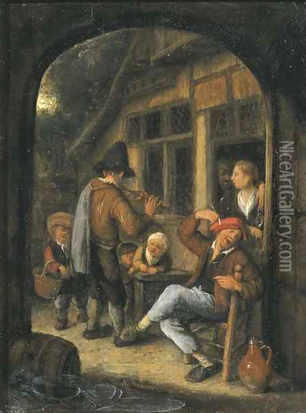 Peasants by a doorway with a pipe player, through an open arch Oil Painting - Cornelis Dusart