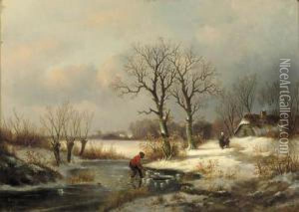 A Winter Landscape With A Figure Near A Hole In Ice Oil Painting - Louis Sierich