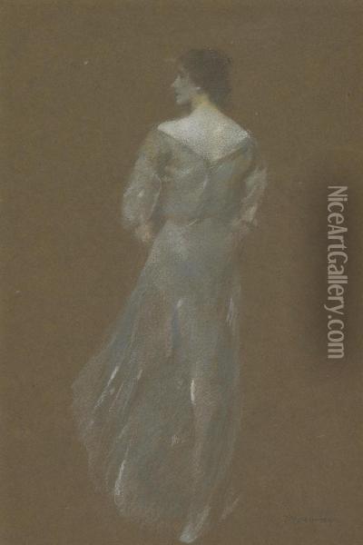 Woman In Blue Dress Oil Painting - Thomas Wilmer Dewing