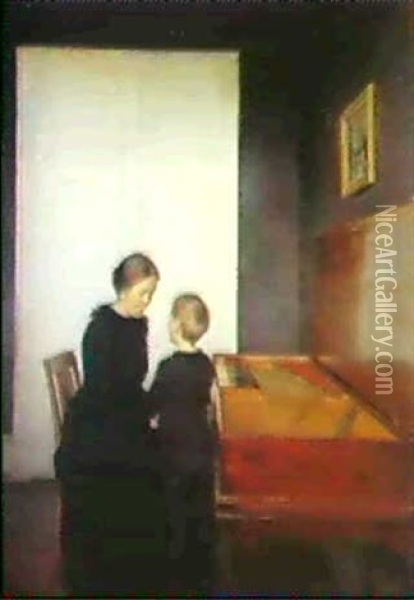 Interior Med Moder Og Barn Ved Spinettet Oil Painting - Peter Vilhelm Ilsted