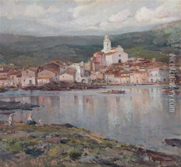 Cadaques - The Village Of Cadaques Oil Painting - Eliseo Meifren y Roig