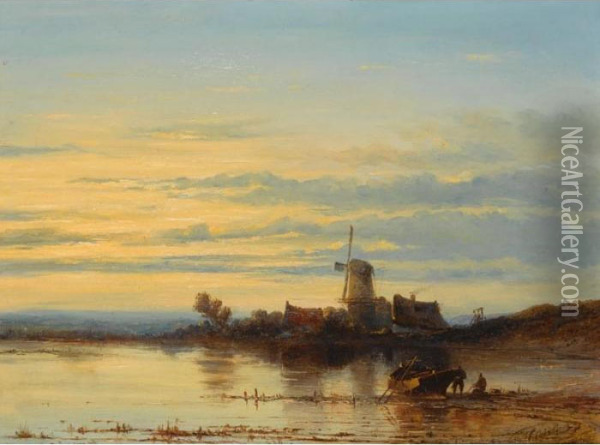 Fishermen At Work, A Windmill In The Distance Oil Painting - Johannes Hilverdink
