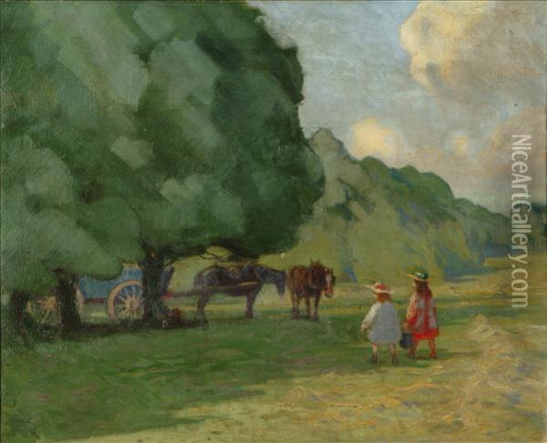 Making Hay, Grants Farm, Limpsfield Oil Painting - Lewis George Fry