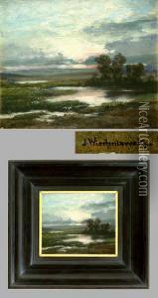 Weite Stimmungsvolle Landschaft Mit Storchen Oil Painting - Josef Wischniowsky