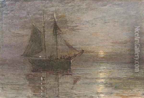 A trading brig in a calm by moonlight Oil Painting - Henry Robert Robertson