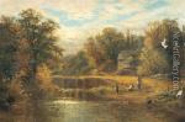 Fishing Along The Mill Stream. Oil Painting - Alfred Augustus Glendening