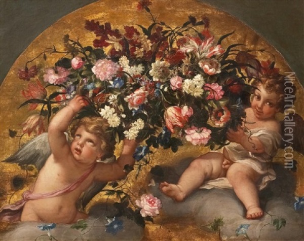 Engelputti In Einer Blumengirlande Oil Painting - Carlo Maratta