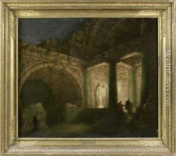 Visiteurs Eclairant Une Statue Dans Un Palais En Ruines Oil Painting - Giovanni Niccolo Servandoni