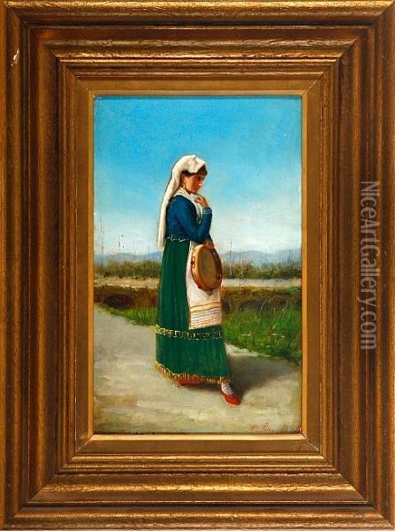 A Sunny Landscape With A Lady In A Traditional Costume. Signed. Dated 1881 Oil Painting - Arturo Petrocelli