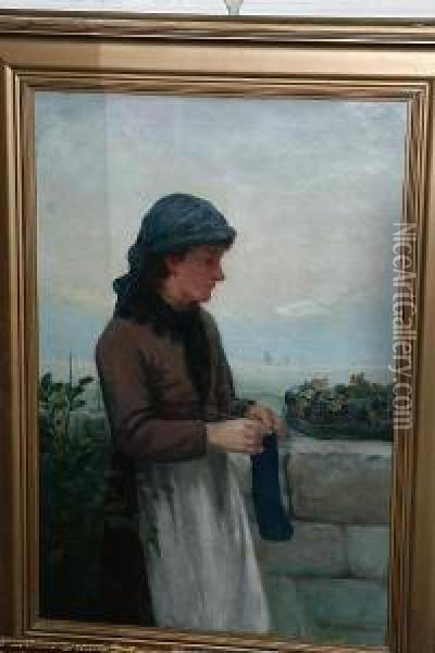 Portrait Of A Girl Sewing By A Sea Wall Oil Painting - David W. Haddon