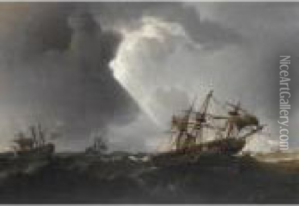 Men O War In Heavy Swell Oil Painting - Thomas Luny