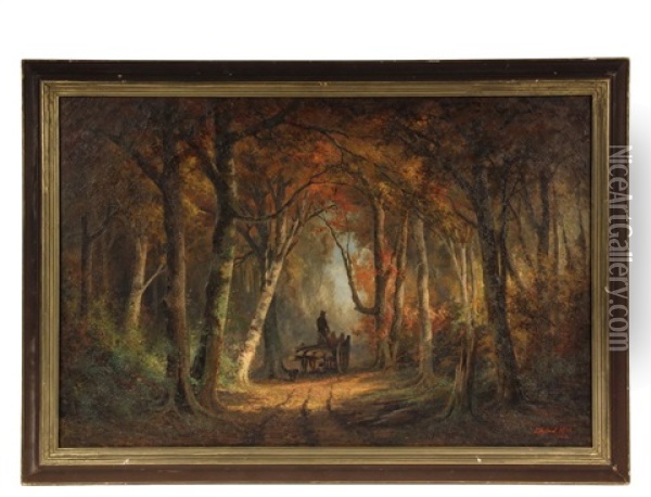 Woodcutter's Wagon In New Hampshire Autumn Woods Oil Painting - Edward Hill