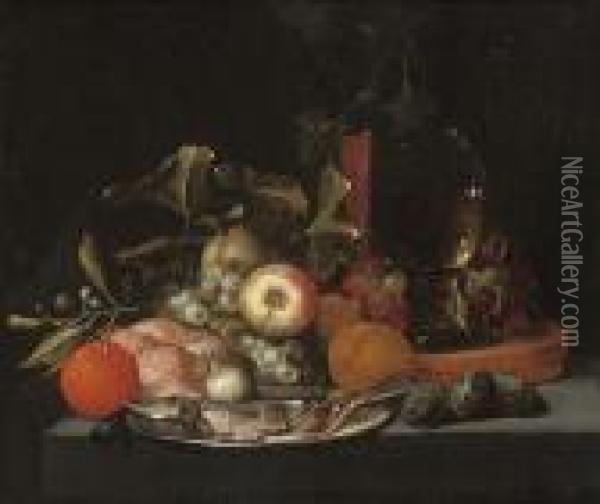 A Herring On A Pewter Platter 
With Oranges, Figs, Apples, Grapes, A Loaf Of Bread, A Facon De Venise 
Glass And A Roemer On A Stone Ledge Oil Painting - Jan Pauwel Gillemans The Elder