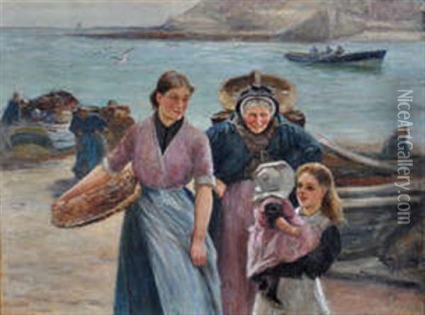 Fisherwomen On The Shore Oil Painting - Robert Jobling