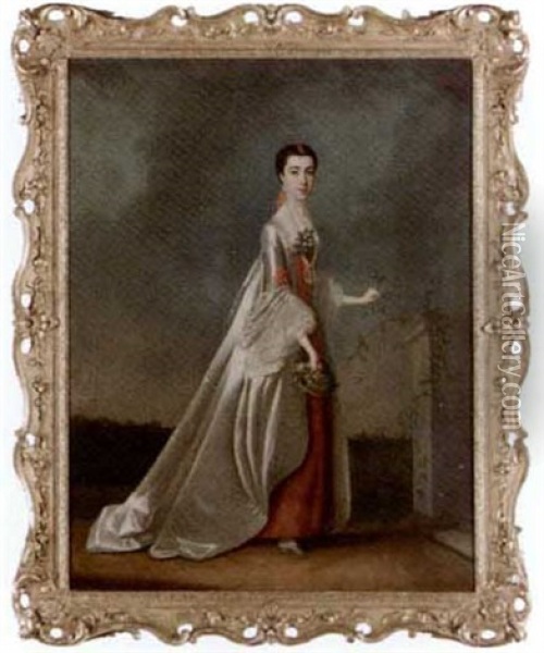 Portrait Of A Lady (the Duchess Of Somerset?) In A Red And White Dress, In A Landscape Oil Painting - Edward Penny