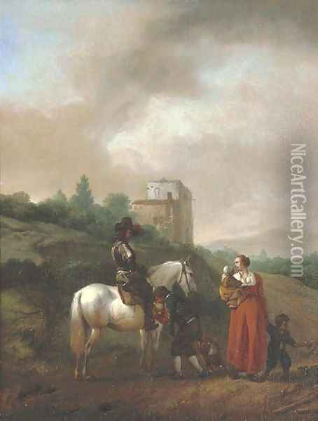 A man on a white horse conversing with a woman and children on a track, a house beyond Oil Painting - Philips Wouwerman