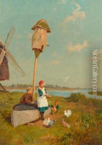 Children Feeding Birds Oil Painting - Charles Collins