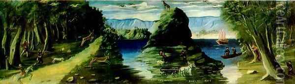 Hunting Scene with a View of the Black Sea 1912 Oil Painting - Niko Pirosmanashvili
